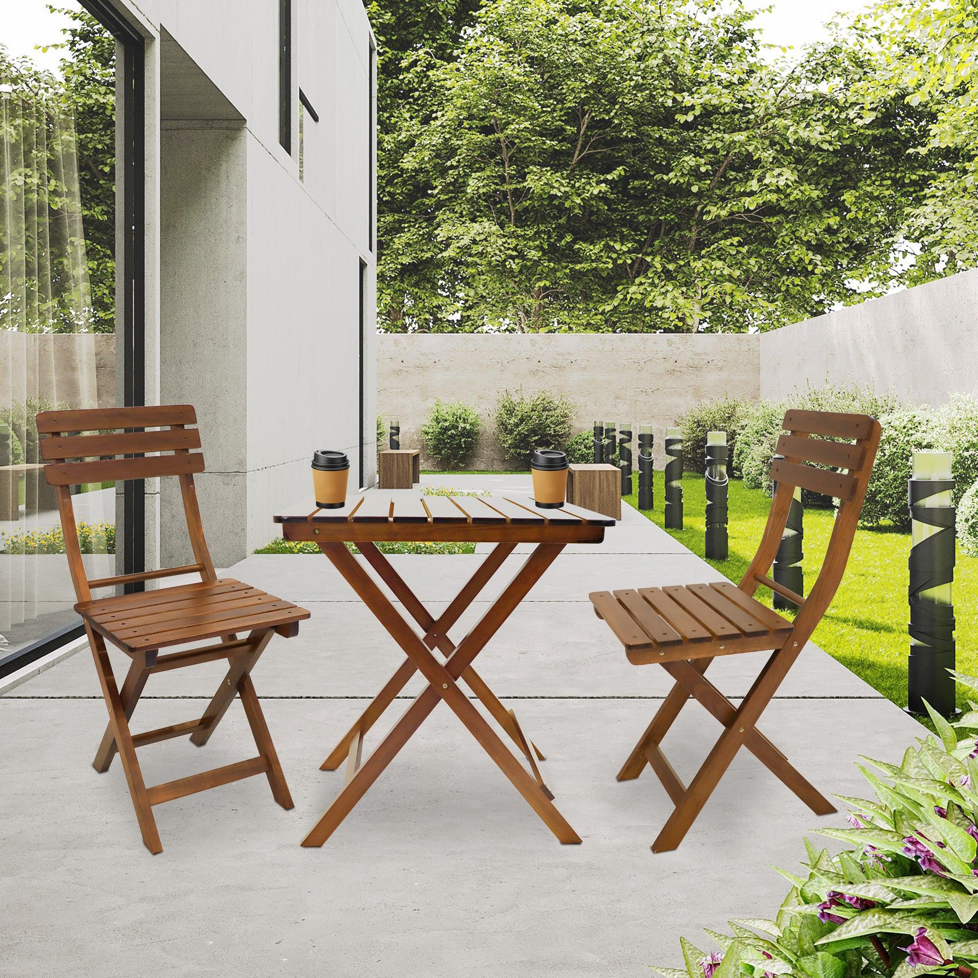 3-Piece Outdoor Wood Bistro Set, Patio Folding Furniture Set