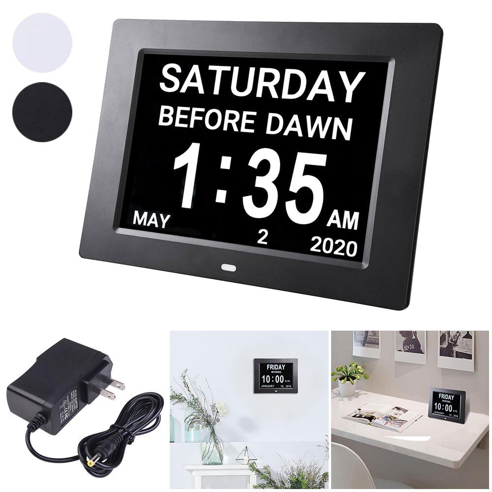 Yescom 8in Large Digital Calendar Day Clock with 6-Alarm Black/White