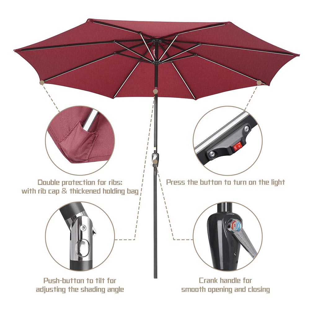 Yescom Solar Patio Umbrella w/ Lights Tilt Parasol Umbrella 9 ft 8-Rib