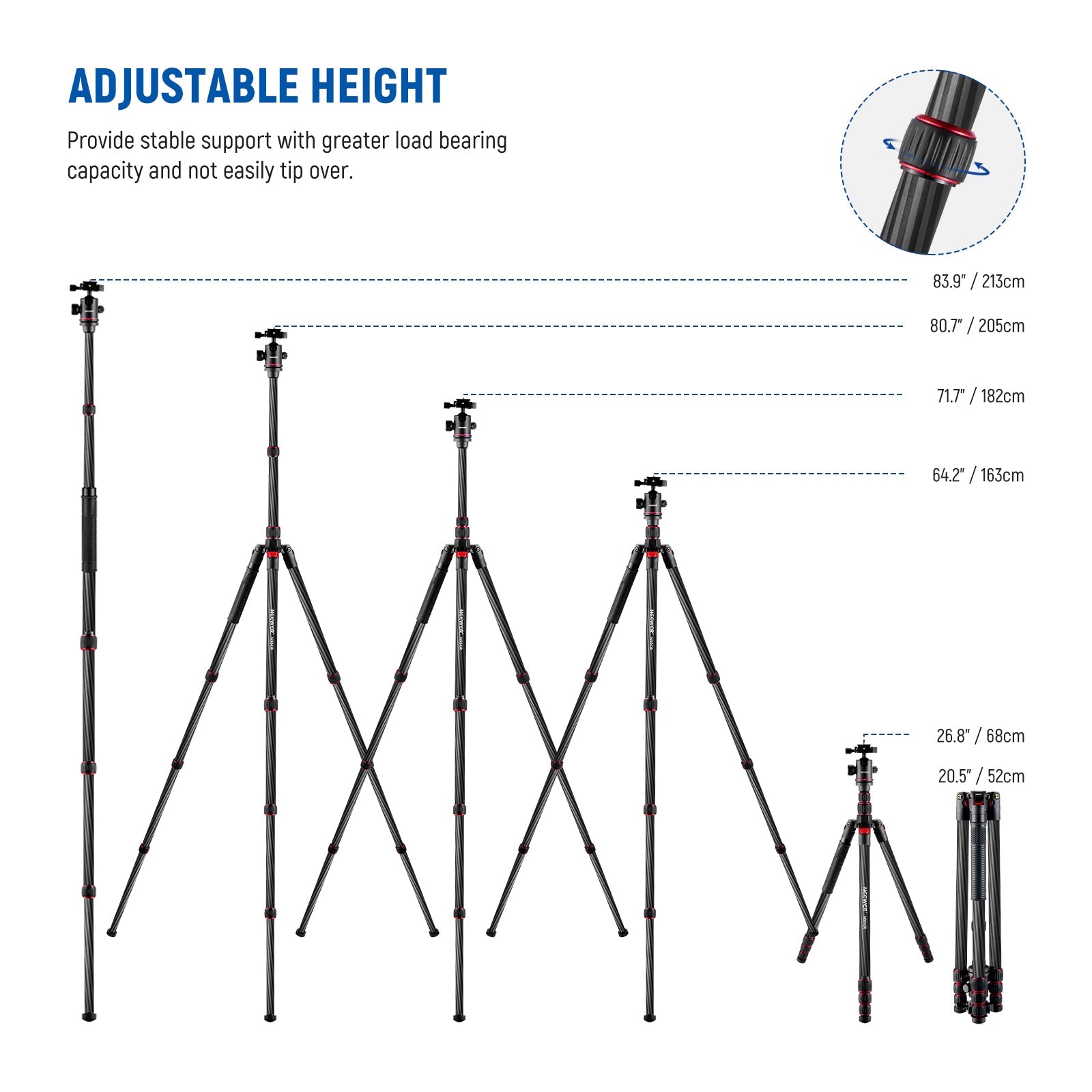 NEEWER N55CR 80.7” Carbon Fiber Tripod with 2 Section Center Axes