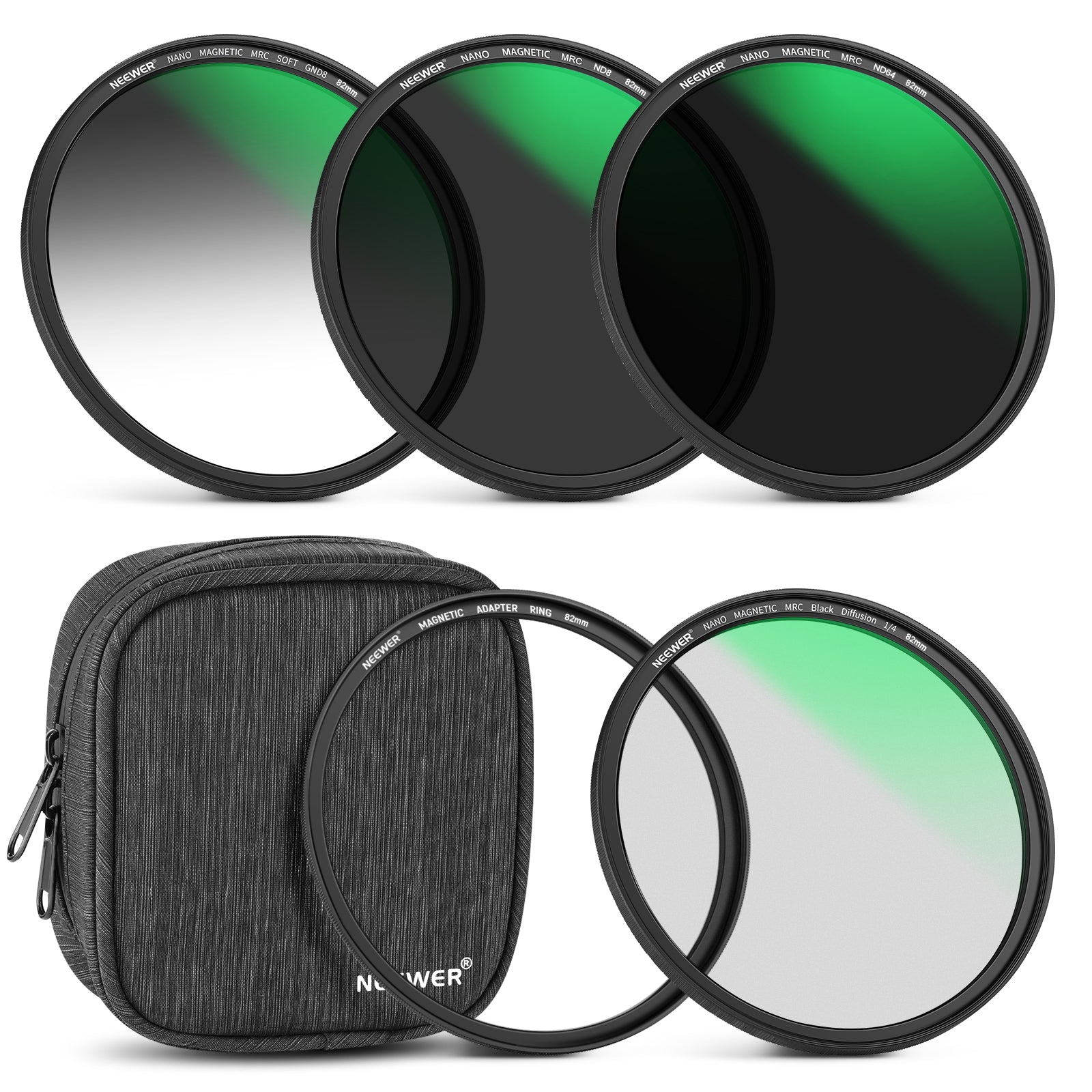 NEEWER 5-in-1 Magnetic Lens Filter Kit (1/4 Black Diffusion+GND8+ND8+ND64+Ring)