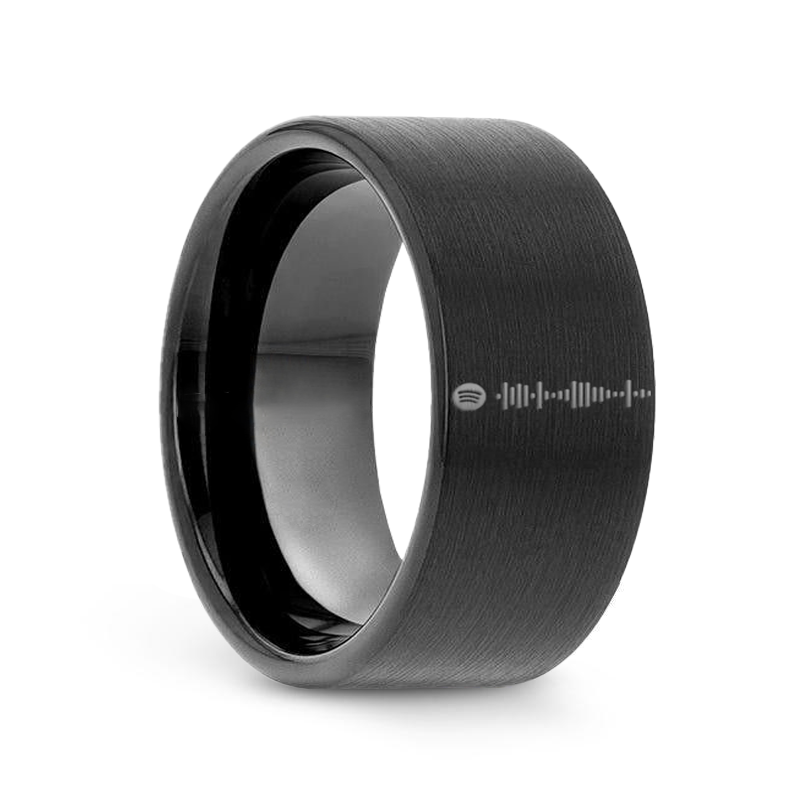 Music Code Engraved Flat Pipe Cut Black Tungsten Ring With Brushed Finish - 6mm - 12mm