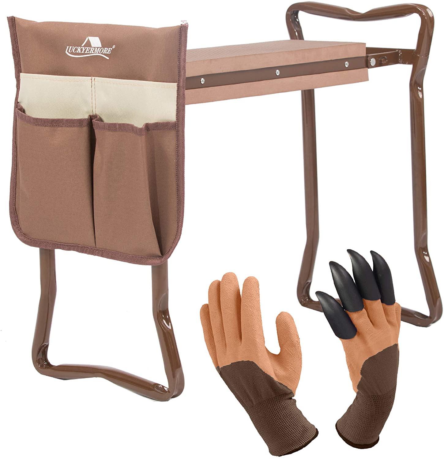 Folding Garden Kneeler Seat Foldable Bench Stool Soft Kneeling Pad w/ Tool Pouch, Coffee Brown