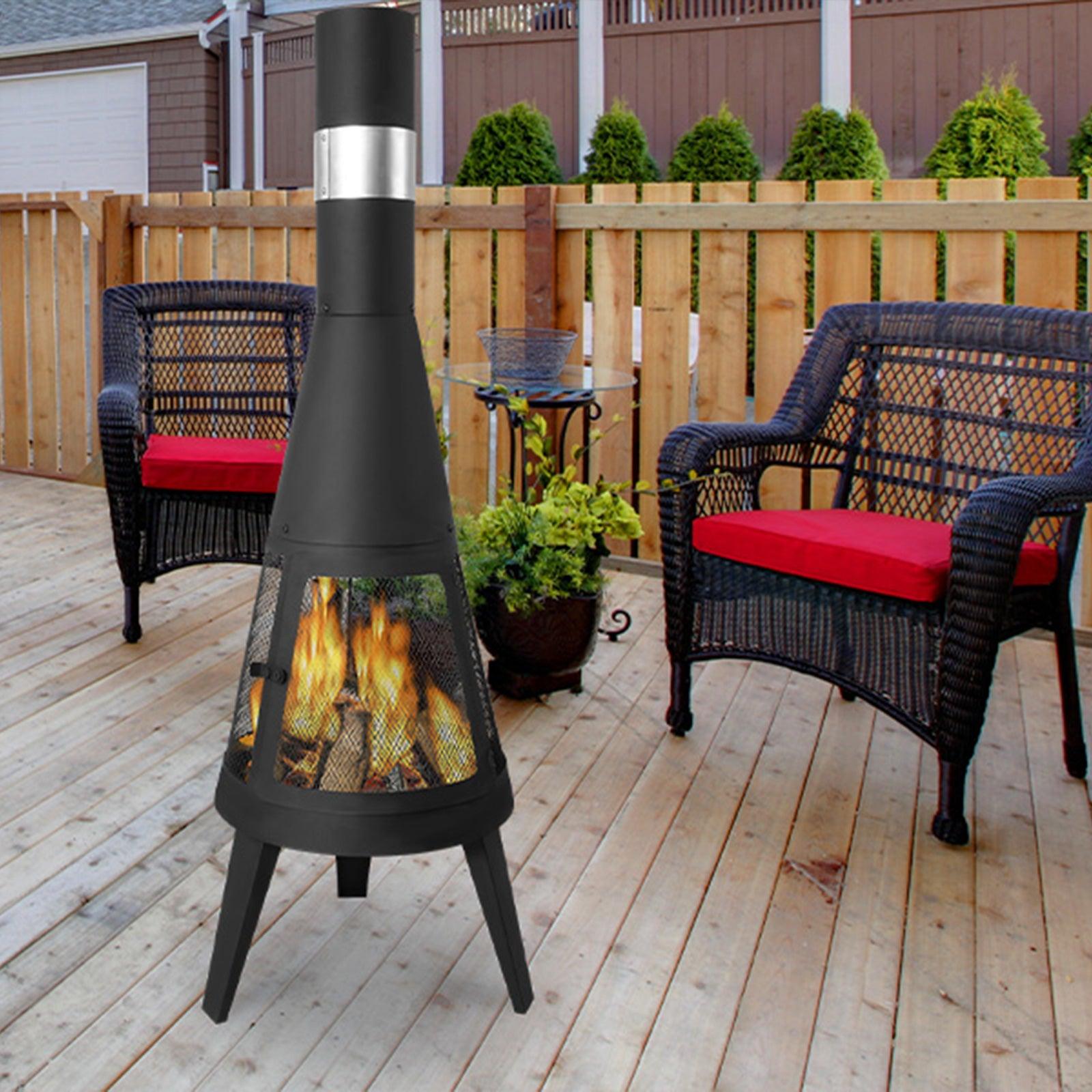 Chiminea Outdoor Fireplace 47.6" Metal Wood Burning Fire Pit with Log Grate, Black