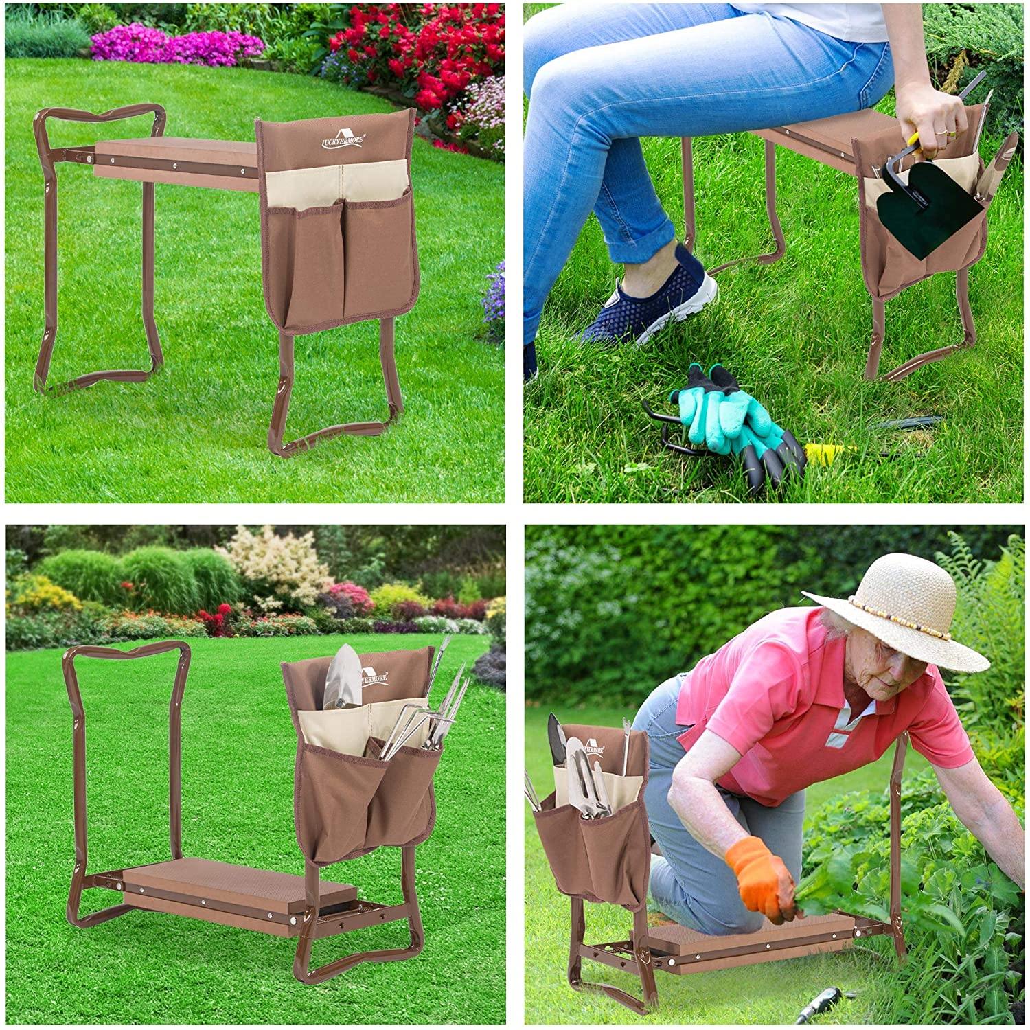 Folding Garden Kneeler Seat Foldable Bench Stool Soft Kneeling Pad w/ Tool Pouch, Coffee Brown