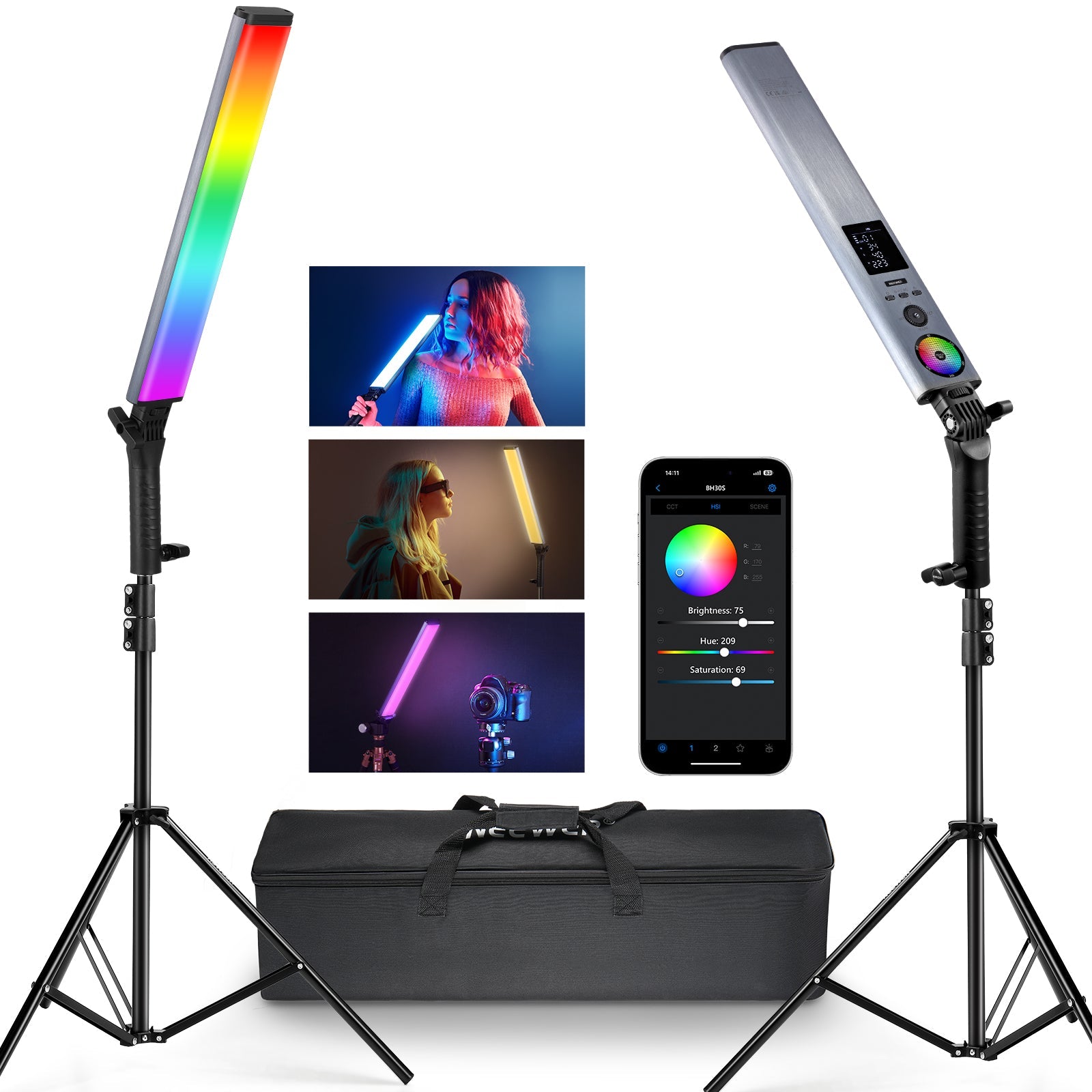 NEEWER 2 Pack BH-30S RGB LED Video Light Stick Kit