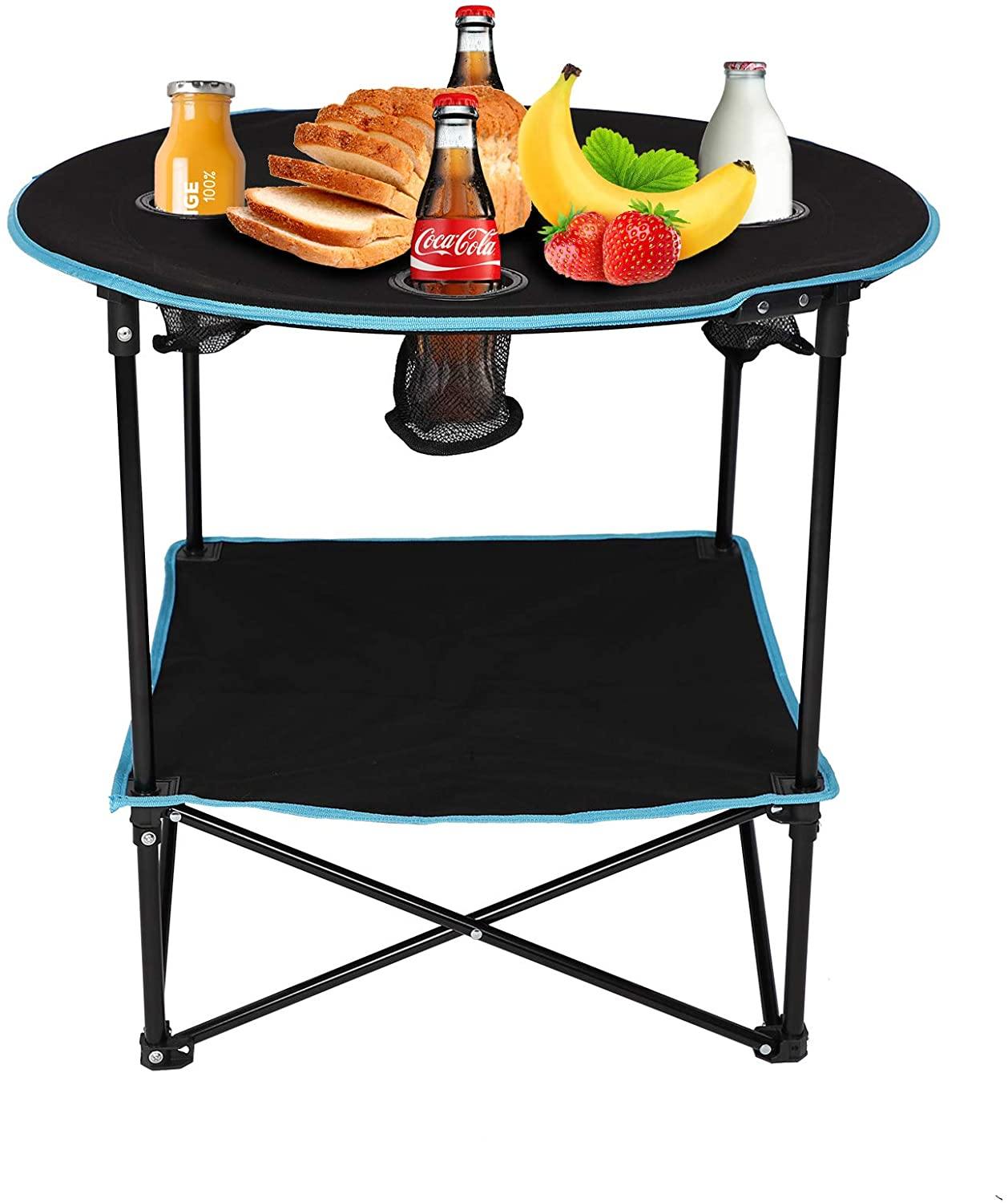 Folding Table, Travel Camping Picnic Collapsible Round Table with 4 Cup Holders and Carry Bag (Black & Blue)