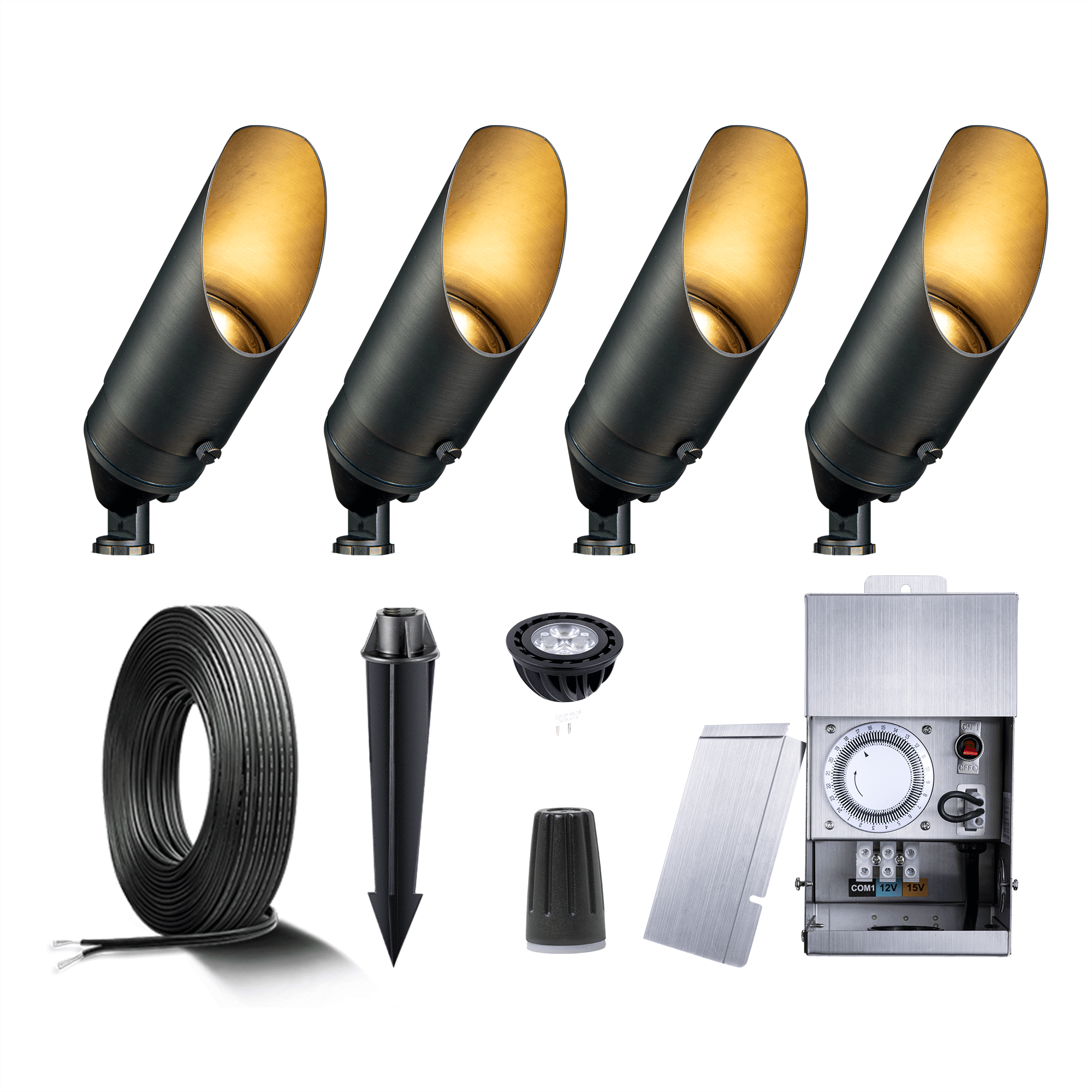 Gardenreet Solid Brass 12V LED Landscape Lighting Spotlights (4/6/8/12Pack) Kit with  Low Voltage Transformer,  Mechanical Timer, Wire, Connectors for Outdoor Garden Patio (2102)