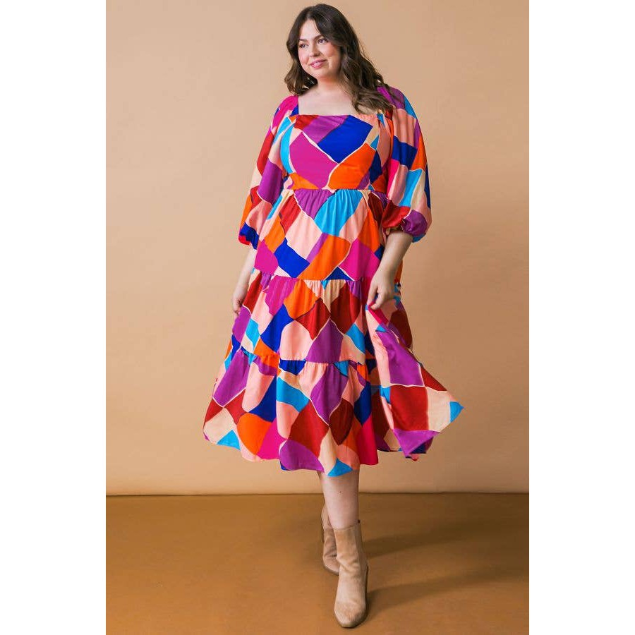 [3XL] Plus Size Magenta Blue Printed Woven Midi Dress