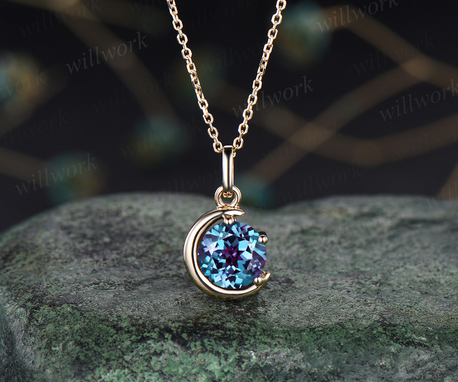 Minimalist June Birthstone Round Alexandrite Necklace Unique Moon Pendant Delicate Color Change Stone Solitaire Necklace Jewelry Gift