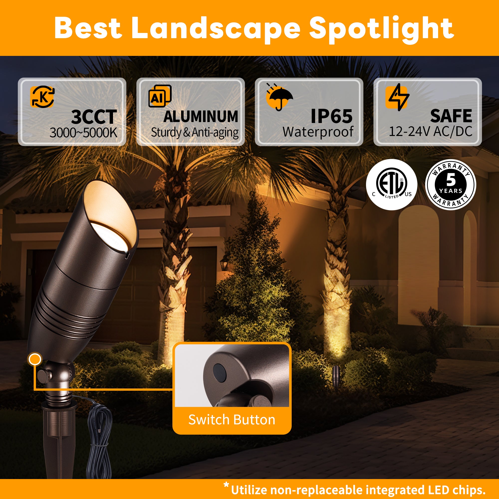 Gardenreet 3000K/4000K/5000K Low Voltage Aluminum Spotlight, 3CCT Adjustable Color Temperature 12V Integrated LED Landscape Lighting (9105)