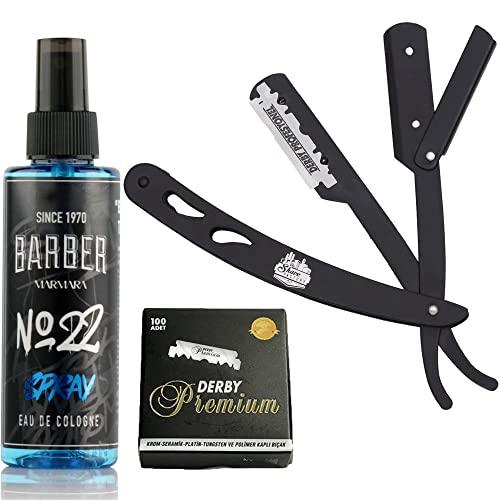 The Shave Factory Straight Edge Razor Kit (Black/Barber No22 50ml Cologne / 100 Derby Premium Single Edge Razor Blades)