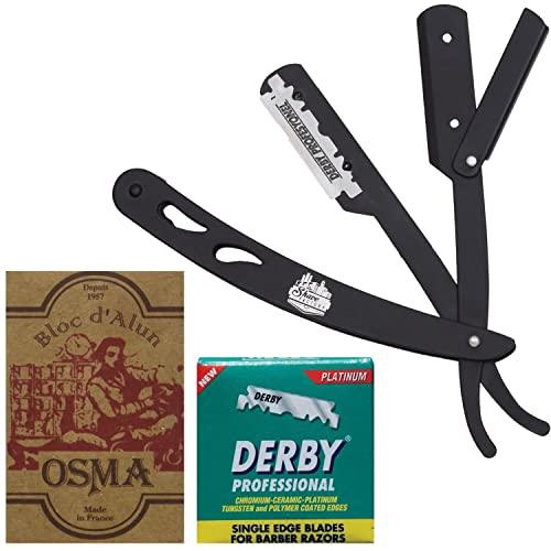 The Shave Factory Straight Edge Razor Kit (Black /100 Derby Professional Single Edge Razor Blades/Osma Alum Block)