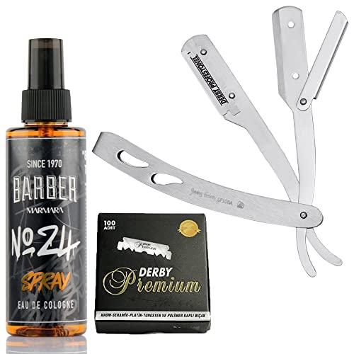 The Shave Factory Straight Edge Razor Kit (Matte/Barber No24 50ml Cologne / 100 Derby Premium Single Edge Razor Blades)