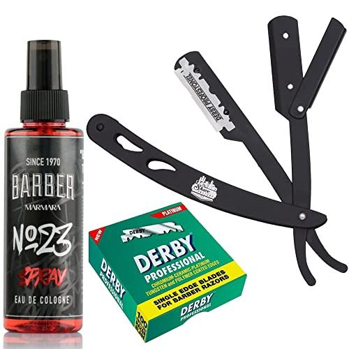 The Shave Factory Straight Edge Razor Kit (Black/Barber No23 50ml Cologne / 100 Derby Professional Single Edge Razor Blades)