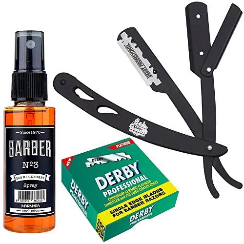 The Shave Factory Straight Edge Razor Kit (Black/Barber No3 Cologne 50ml / 100 Derby Professional Single Edge Razor Blades)