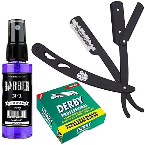 The Shave Factory Straight Edge Razor Kit (Black/Barber No1 Cologne 50ml / 100 Derby Professional Single Edge Razor Blades)