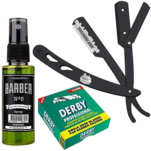 The Shave Factory Straight Edge Razor Kit (Black/Barber No5 Cologne 50ml / 100 Derby Professional Single Edge Razor Blades)