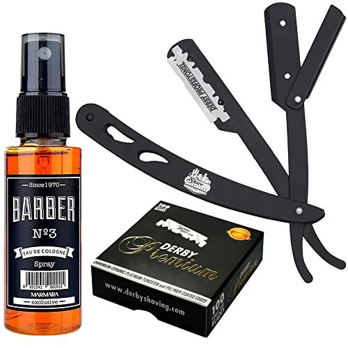 The Shave Factory Straight Edge Razor Kit (Black/Barber No3 Cologne 50ml / 100 Derby Premium Single Edge Razor Blades)