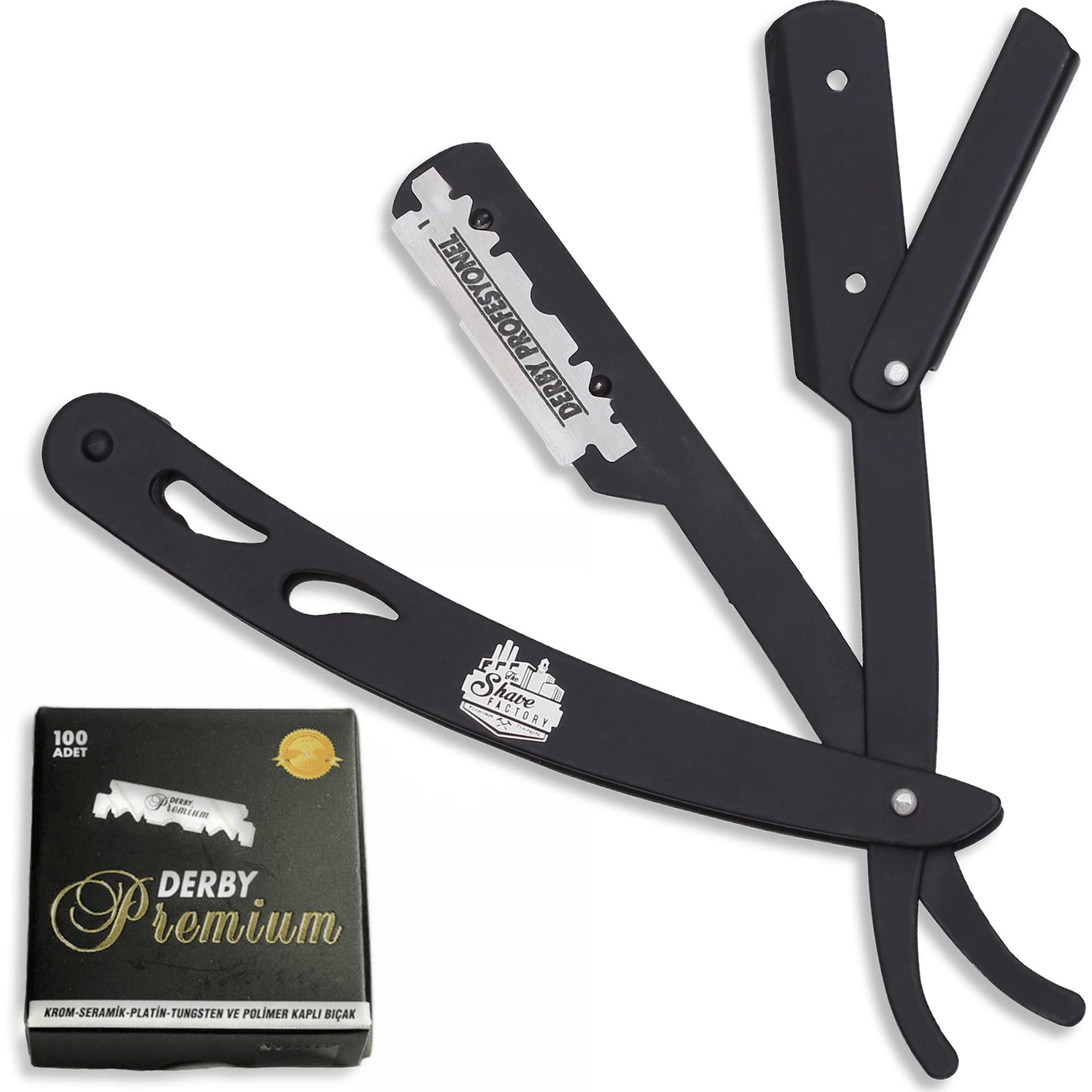 The Shave Factory Straight Edge Razor Kit (Black / 100 Derby Premium Single Edge Razor Blades)