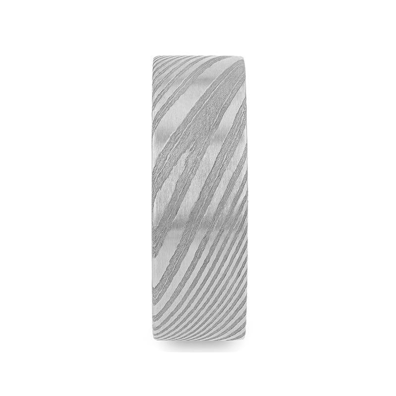 XANDER Grey Flat Brushed Damascus Steel Men’s Wedding Band with Vivid Etched Design - 6mm & 8mm