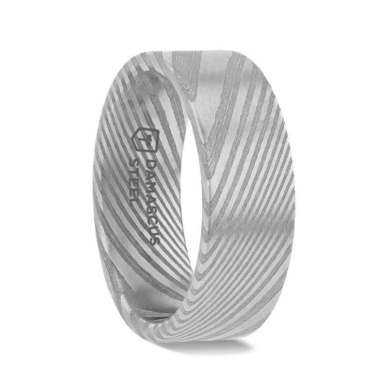 XANDER Grey Flat Brushed Damascus Steel Men’s Wedding Band with Vivid Etched Design - 6mm & 8mm