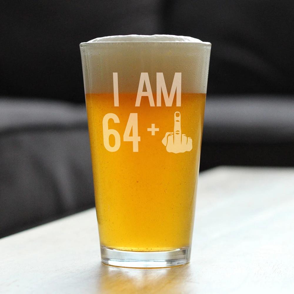 64 + 1 Middle Finger - 16 oz Pint Glass for Beer - Funny 65th Birthday Gifts for Men Turning 65