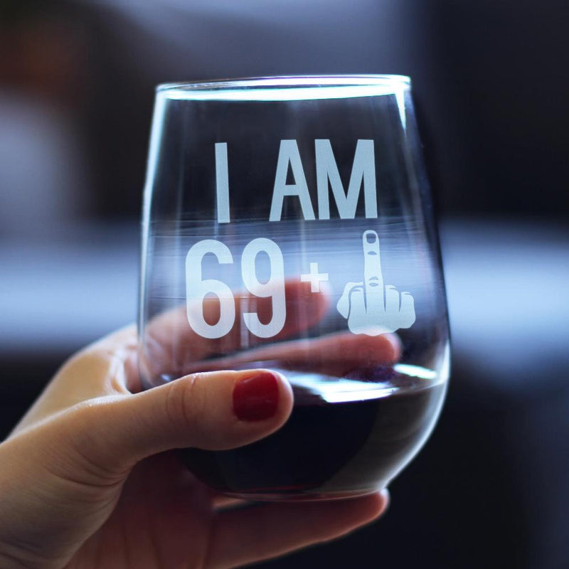 69 + 1 Middle Finger - 70th Birthday Stemless Wine Glass for Women & Men - Cute Funny Wine Gift Idea - Unique Personalized Bday Glasses for Mom, Dad, Friend Turning 70 - Drinking Party Decoration