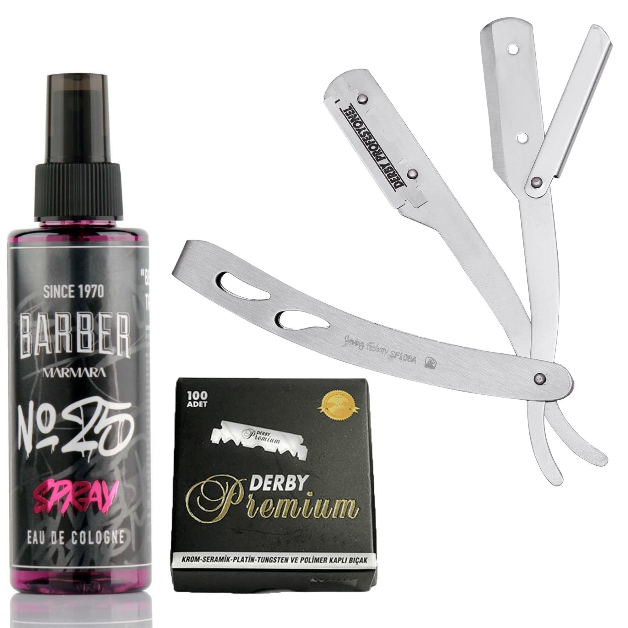 The Shave Factory Straight Edge Razor Kit (Matte/Barber No25 50ml Cologne / 100 Derby Premium Single Edge Razor Blades)