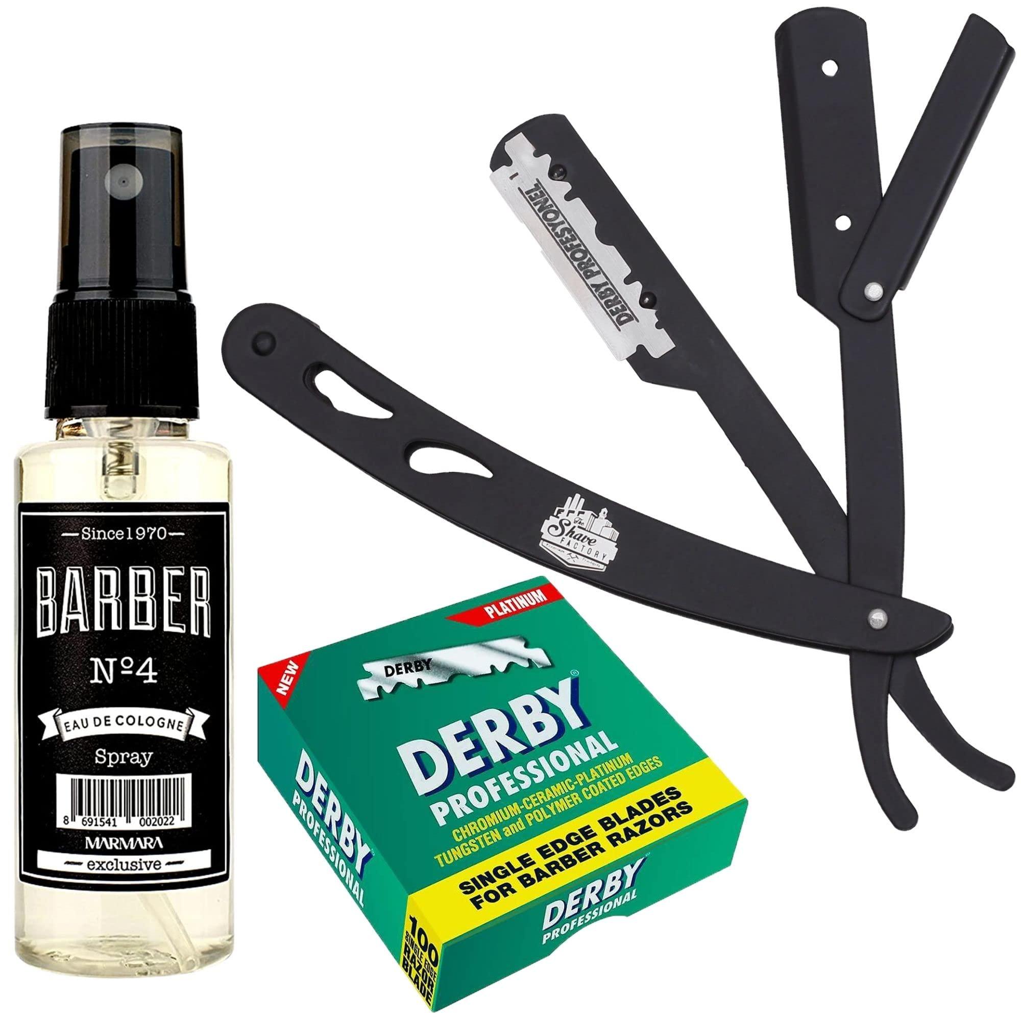 The Shave Factory Straight Edge Razor Kit (Black/Barber No4 Cologne 50ml / 100 Derby Professional Single Edge Razor Blades)