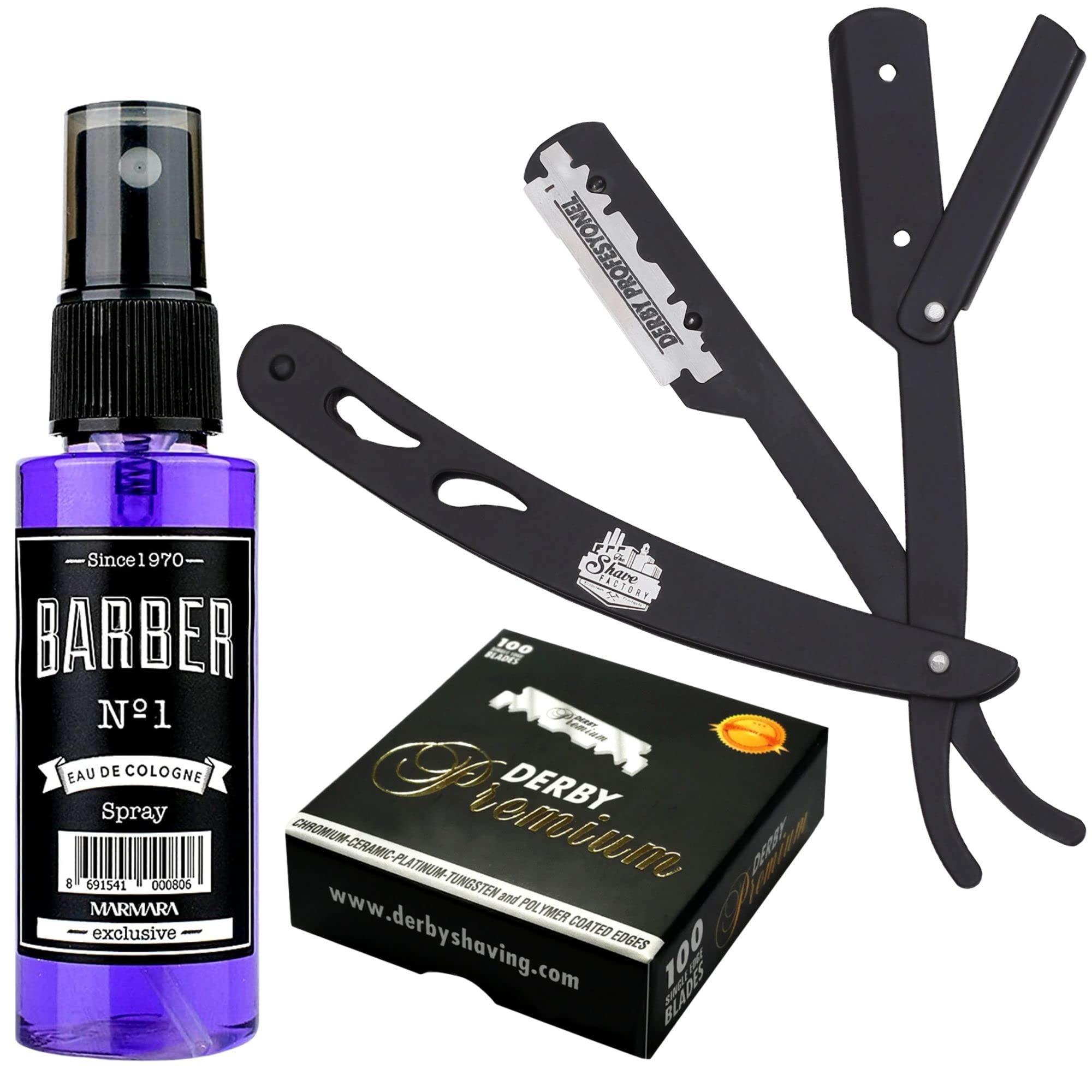 The Shave Factory Straight Edge Razor Kit (Black/Barber No1 Cologne 50ml / 100 Derby Premium Single Edge Razor Blades)