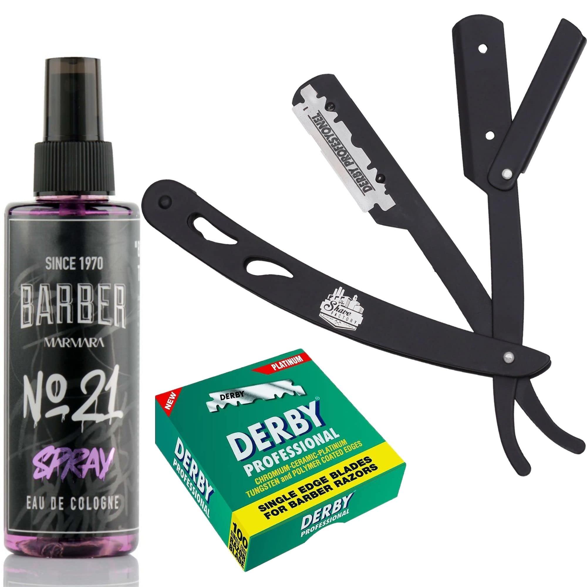 The Shave Factory Straight Edge Razor Kit (Black/Barber No21 50ml Cologne / 100 Derby Professional Single Edge Razor Blades)