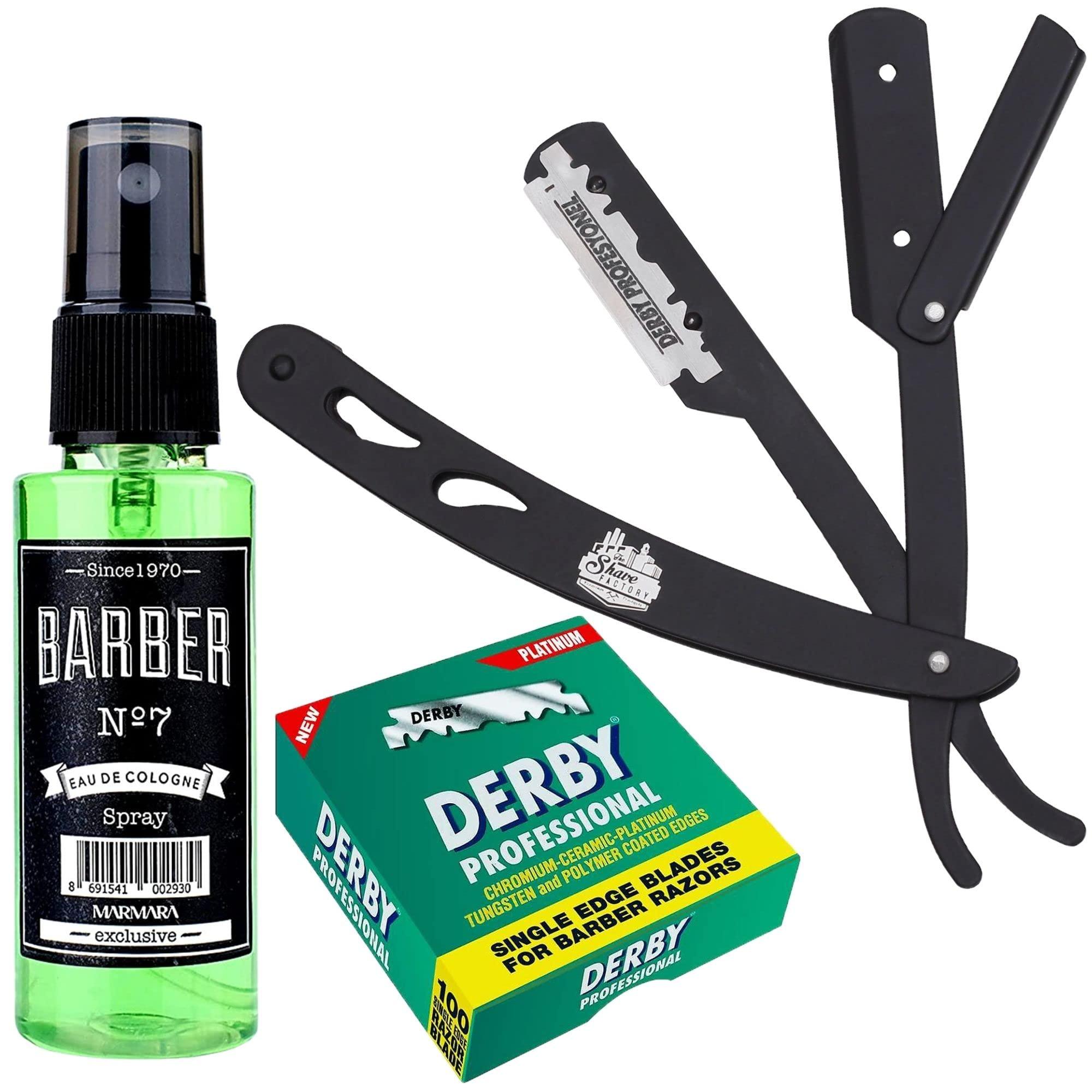 The Shave Factory Straight Edge Razor Kit (Black/Barber No7 Cologne 50ml / 100 Derby Professional Single Edge Razor Blades)