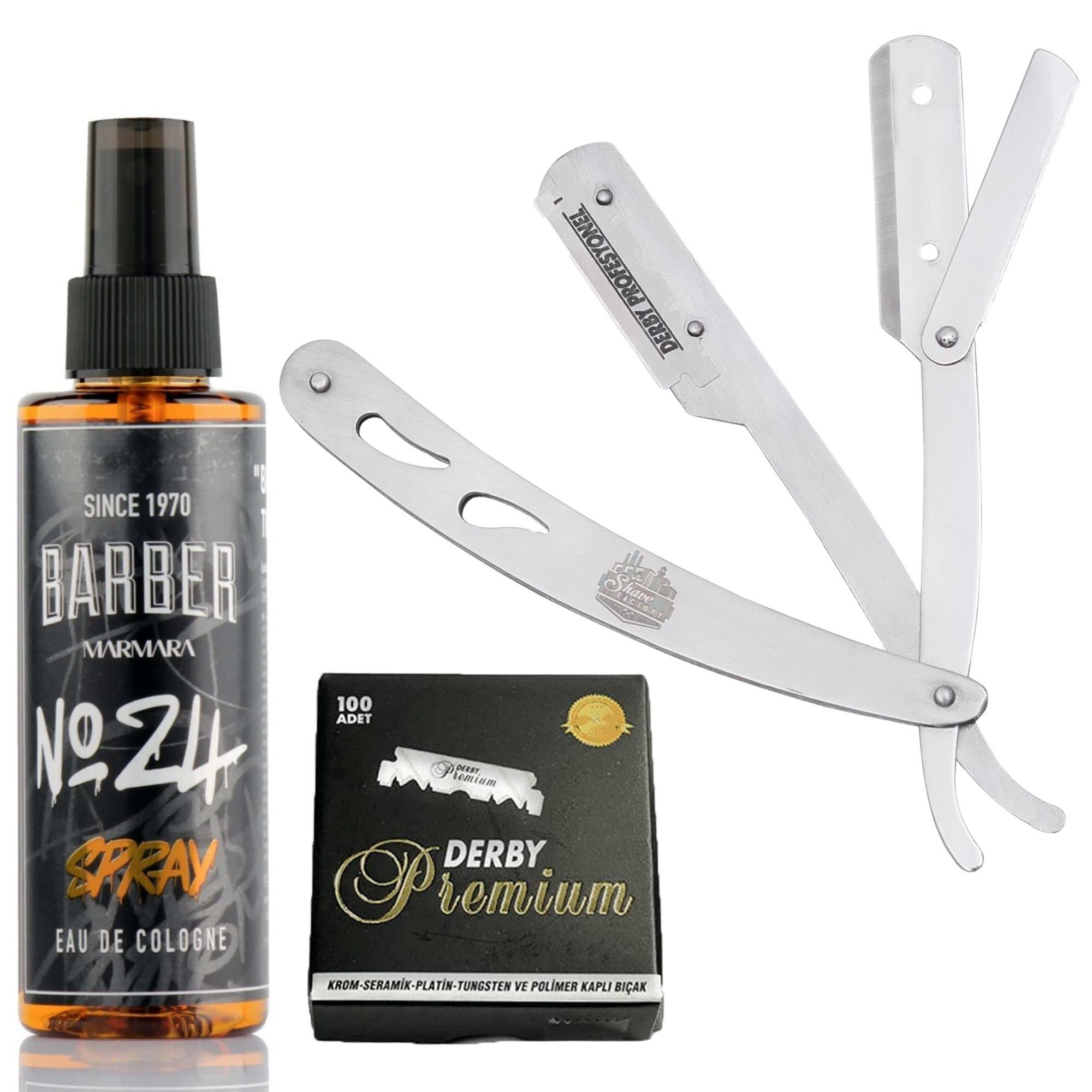 The Shave Factory Straight Edge Razor Kit (Steel Razor/Barber No24 50ml Cologne / 100 Derby Premium Single Edge Razor Blades)