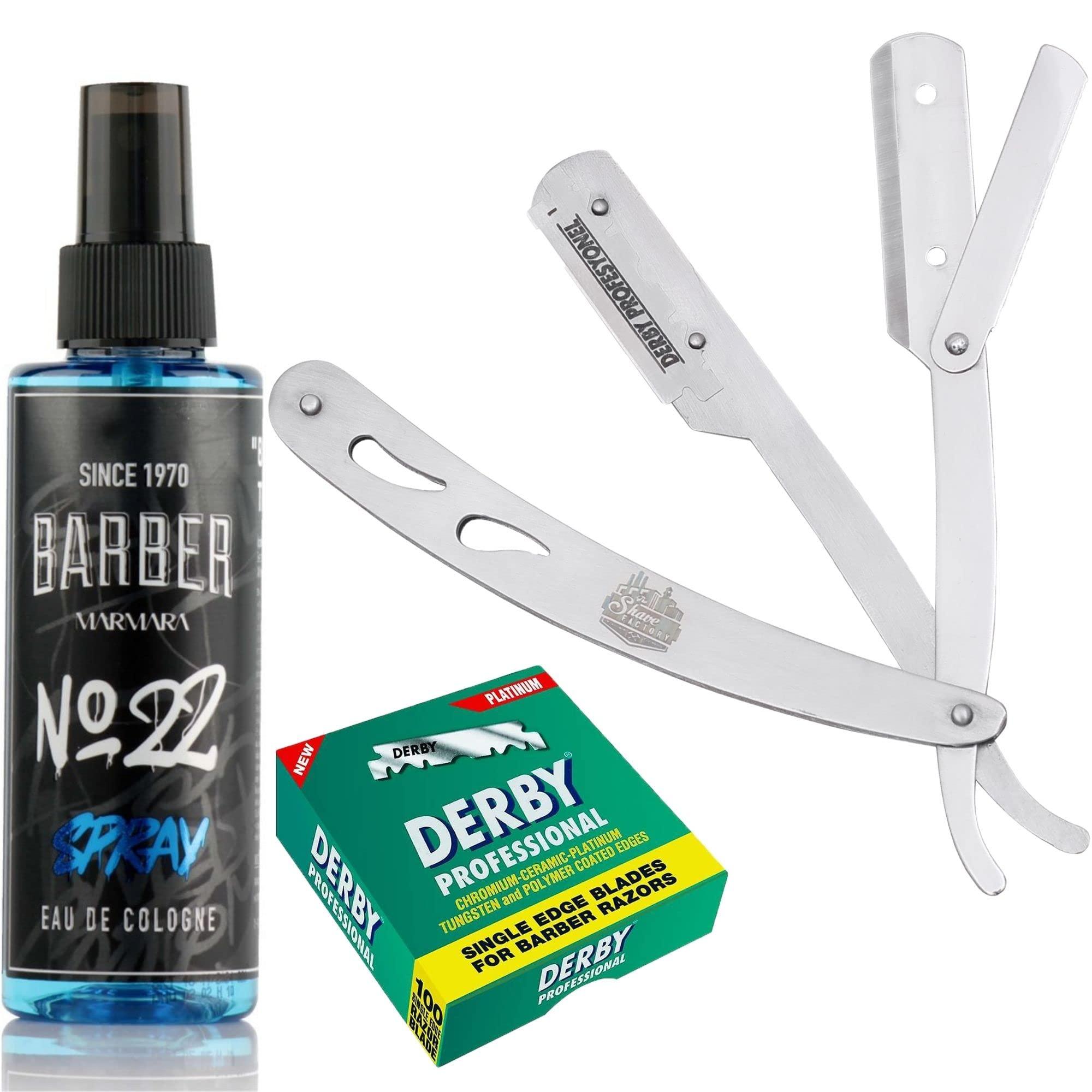 The Shave Factory Straight Edge Razor Kit (Steel Razor/Barber No22 50ml Cologne / 100 Derby Professional Single Edge Razor Blades)