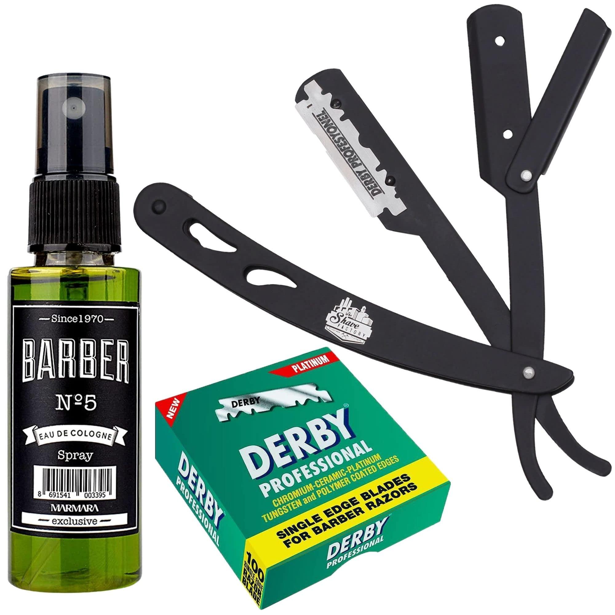 The Shave Factory Straight Edge Razor Kit (Black/Barber No5 Cologne 50ml / 100 Derby Professional Single Edge Razor Blades)