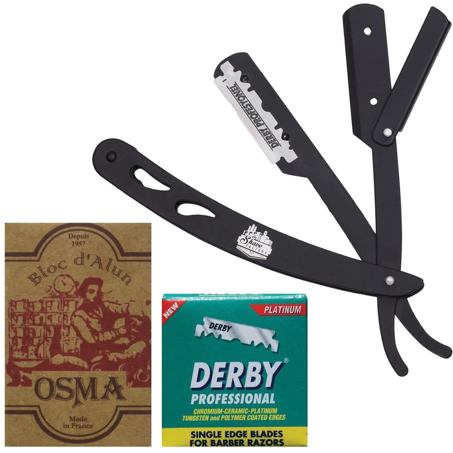 The Shave Factory Straight Edge Razor Kit (Black /100 Derby Professional Single Edge Razor Blades/Osma Alum Block)