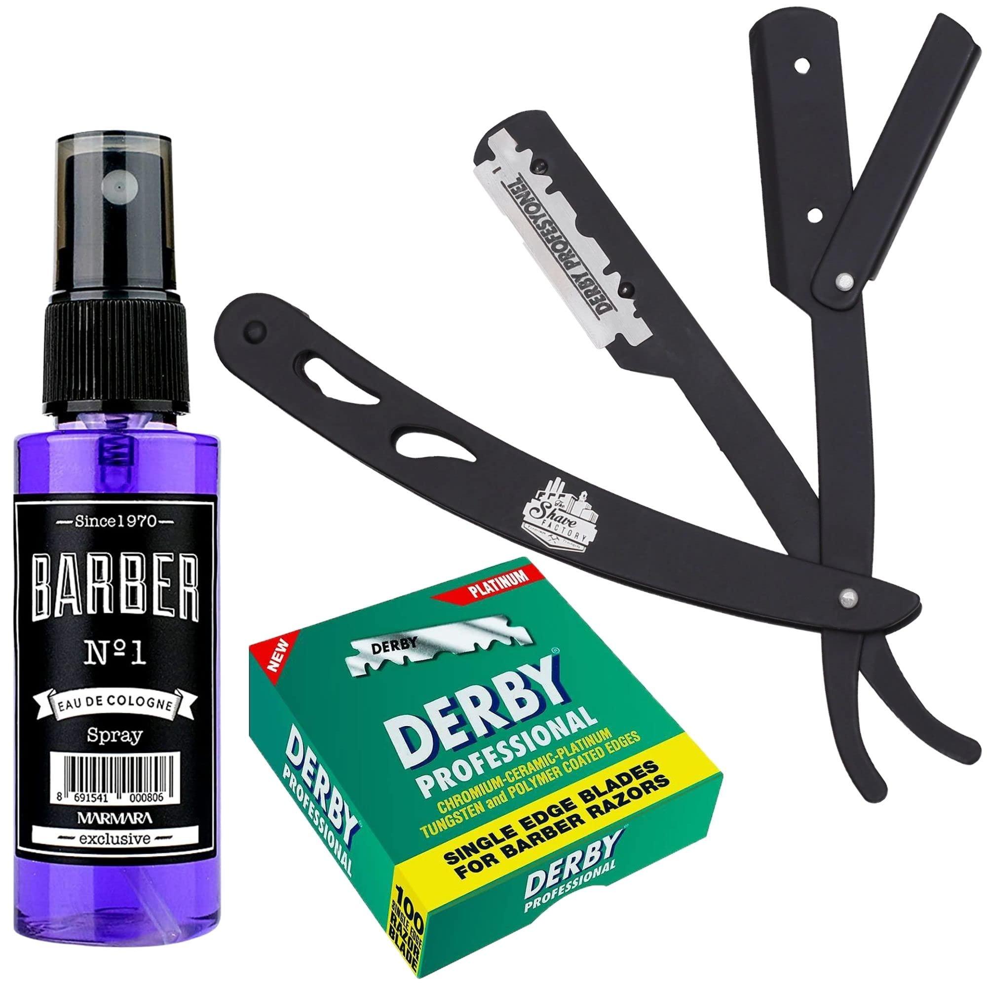 The Shave Factory Straight Edge Razor Kit (Black/Barber No1 Cologne 50ml / 100 Derby Professional Single Edge Razor Blades)