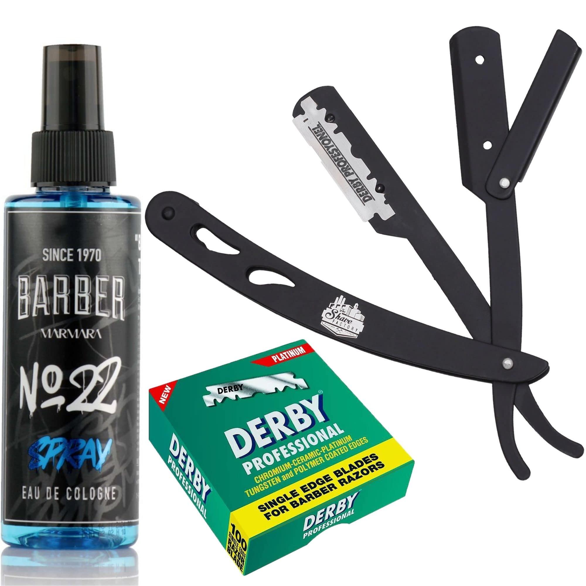 The Shave Factory Straight Edge Razor Kit (Black/Barber No22 50ml Cologne / 100 Derby Professional Single Edge Razor Blades)