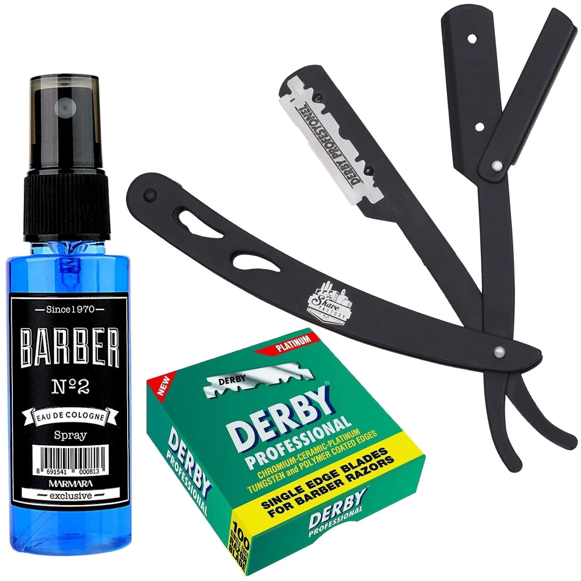 The Shave Factory Straight Edge Razor Kit (Black/Barber No2 Cologne 50ml / 100 Derby Professional Single Edge Razor Blades)