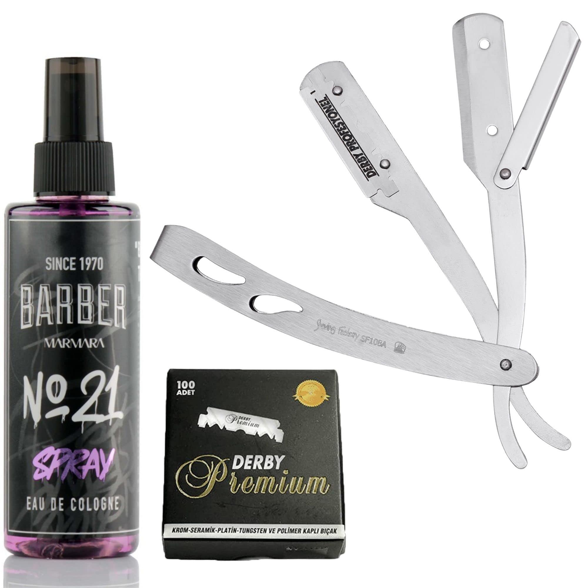 The Shave Factory Straight Edge Razor Kit (Matte/Barber No21 50ml Cologne / 100 Derby Premium Single Edge Razor Blades)