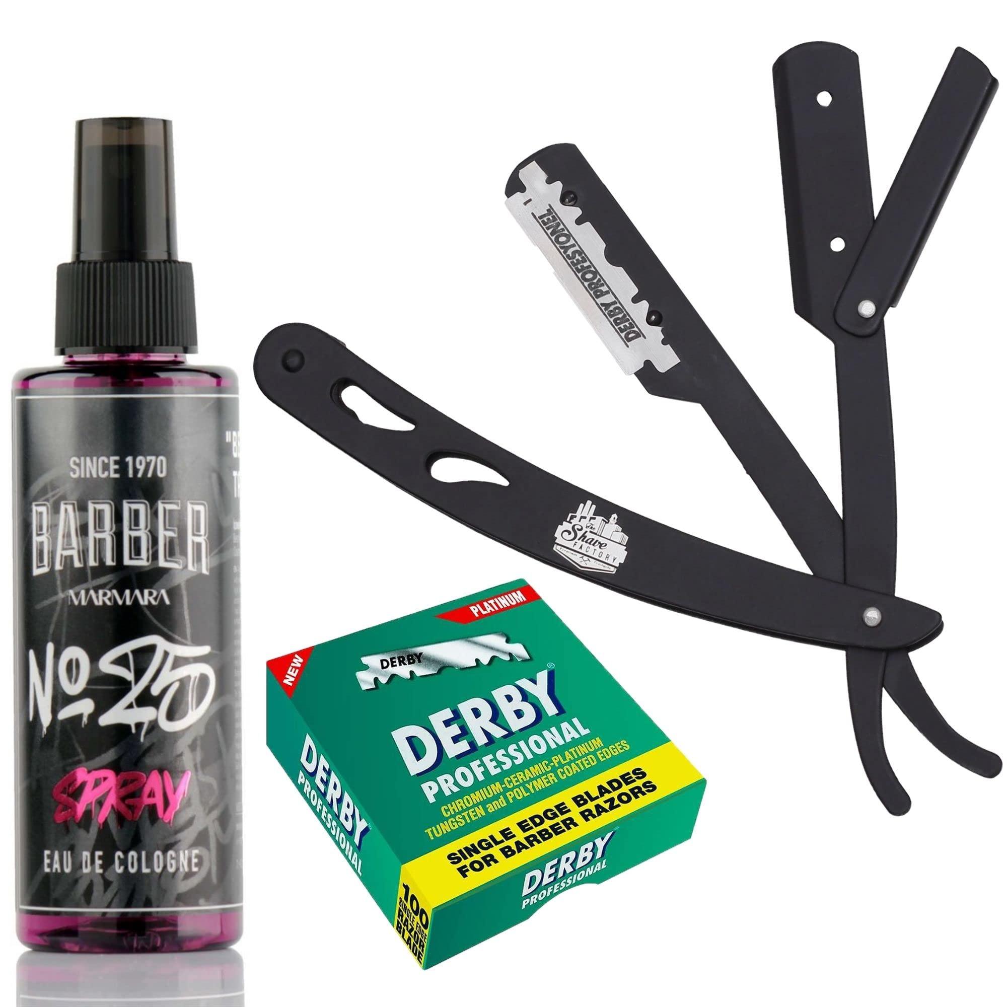 The Shave Factory Straight Edge Razor Kit (Black/Barber No25 50ml Cologne / 100 Derby Professional Single Edge Razor Blades)