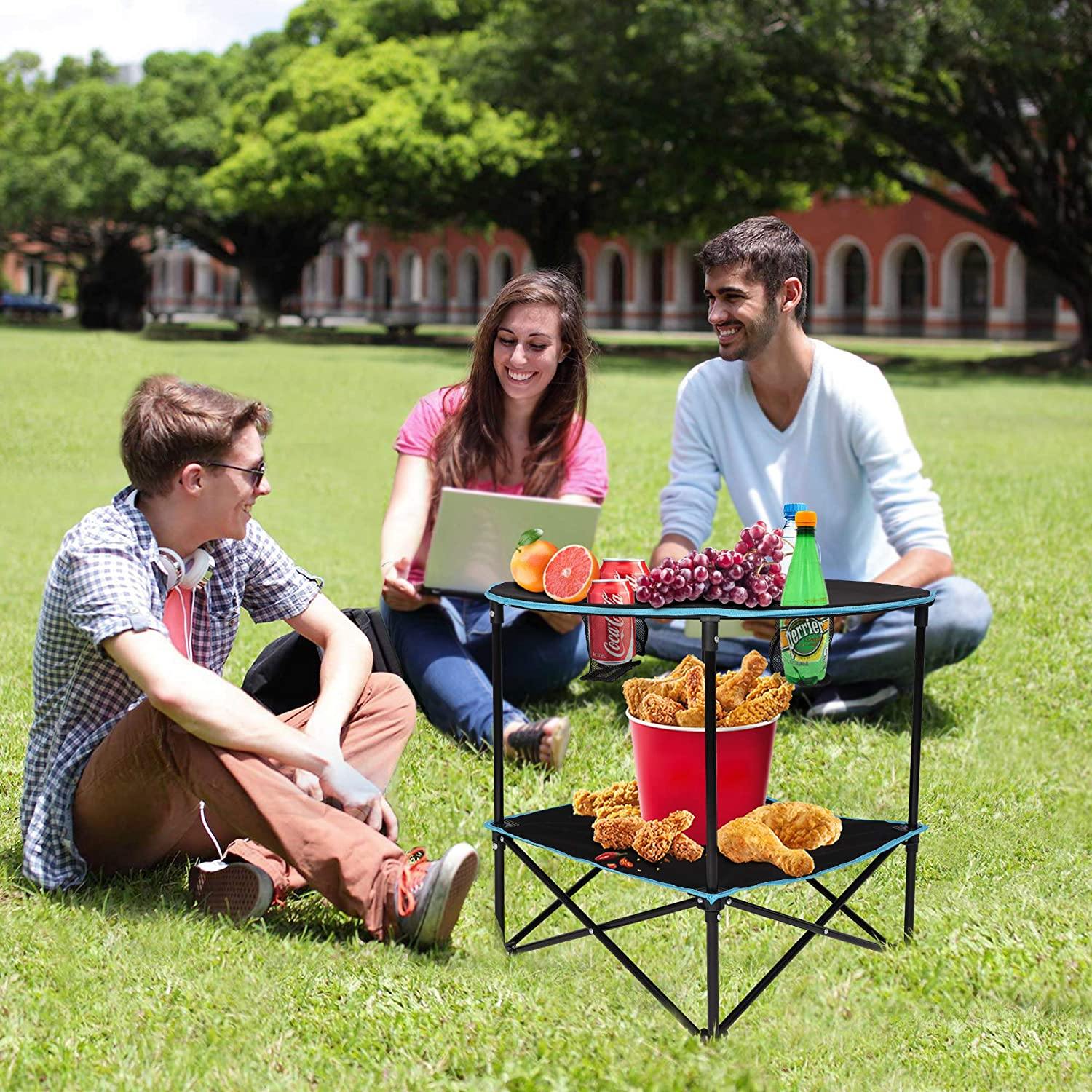 Folding Table, Travel Camping Picnic Collapsible Round Table with 4 Cup Holders and Carry Bag (Black & Blue)