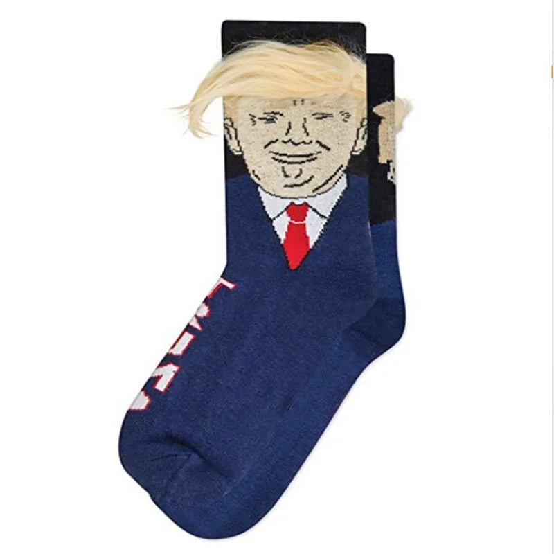 Spoof Funny President Donald Trump Socks with 3D Fake Hair Crew Socks Mens Compression Socks Streetwear Hip Hop