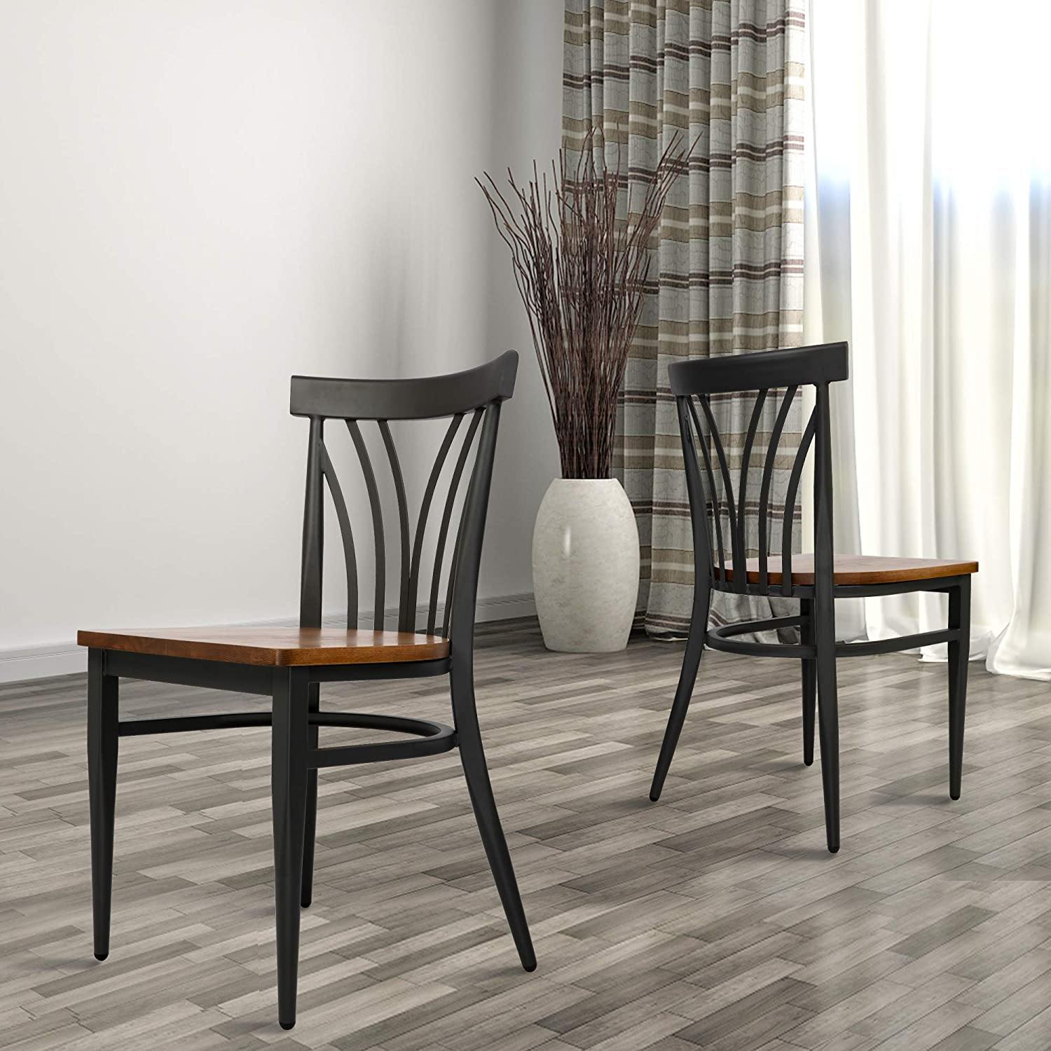 Set of 2 Modern Industrial Kitchen Dining Chairs Wood Seat with Metal Legs