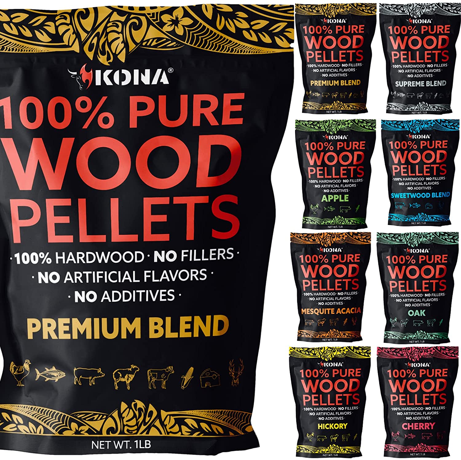 Kona Premium Wood Pellets - Grilling, BBQ & Smoking - Concentrated 100% Hardwood Variety Pack