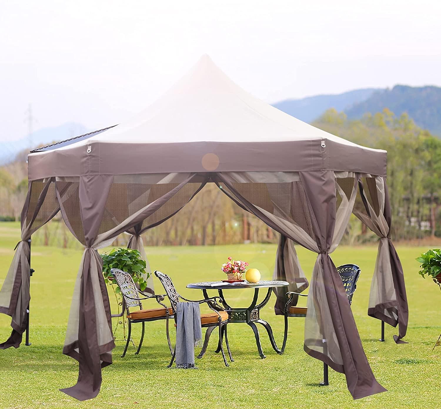 12' X 12' Gazebo with Mosquito Netting Outdoor Hexagonal Pop up Canopy Tent with Strong Iron Frame Storage Bag