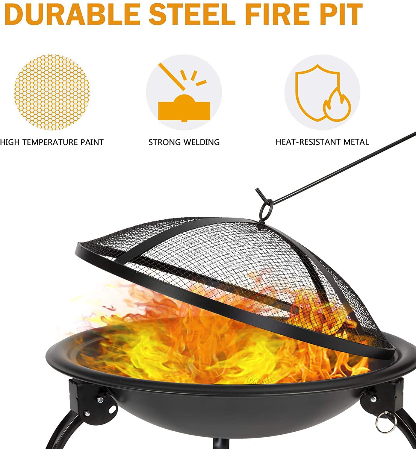 21" Outdoor Portable Fire Pit Bowl Stove Bonfire Wood Burning BBQ Grill with Mesh Spark Screen Cover Fire Poker