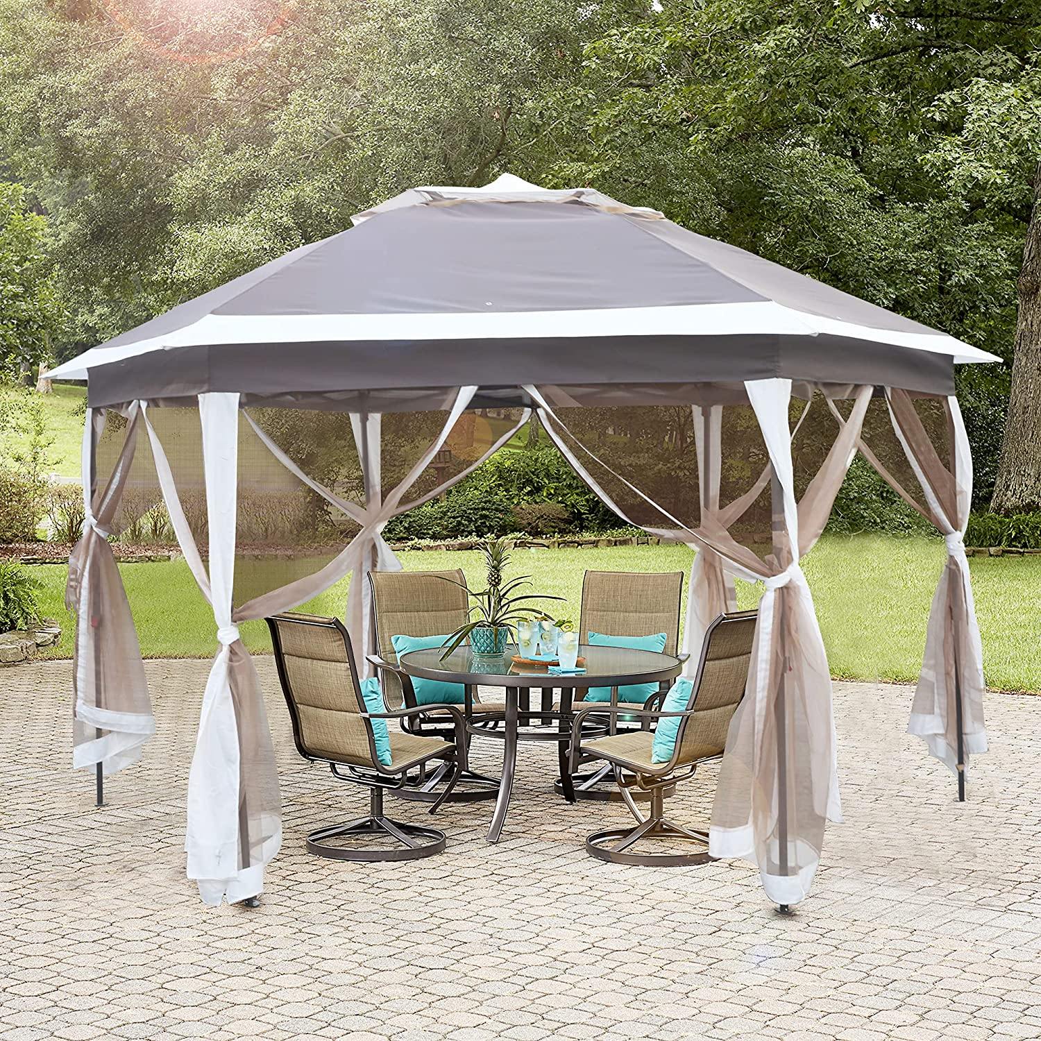 12Ft Outdoor Metal Patio Pop-Up Gazebo with Mesh Nettings for Parties and Outdoor Activities