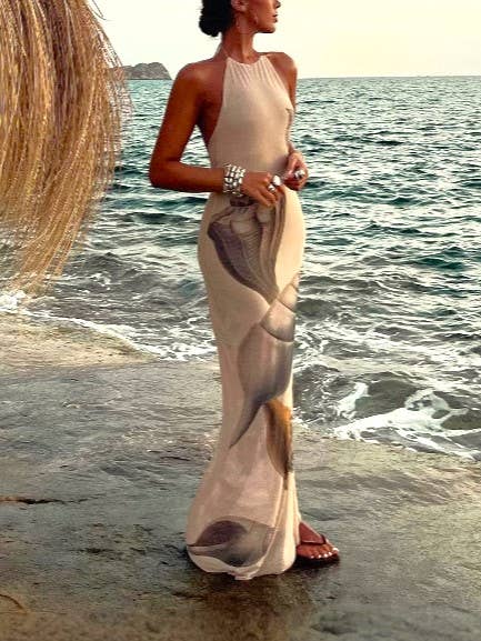 Beach Seashell Print Halterneck Mesh Maxi Dress [Sizes S-L]